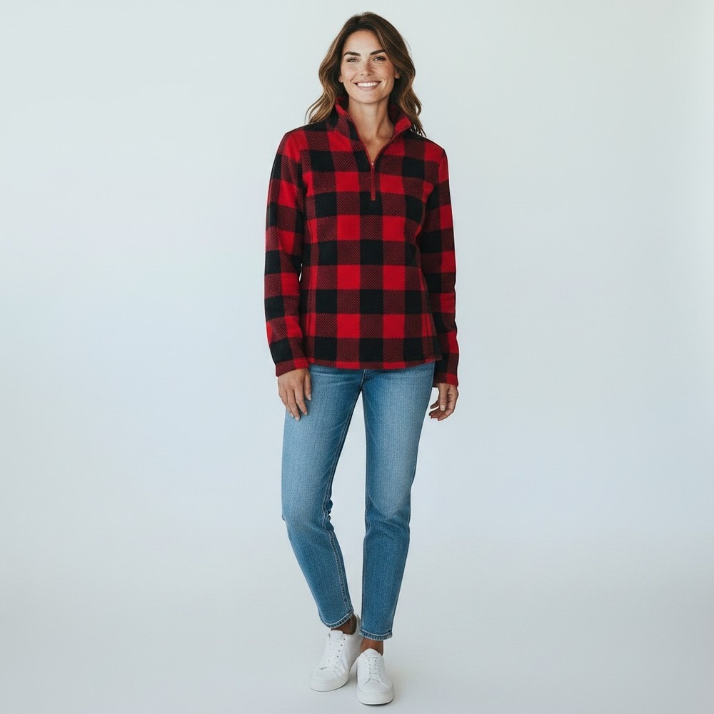 NWT Lands End Womens Red Black Buffalo Plaid Quarter Zip Fleece Pullover Small